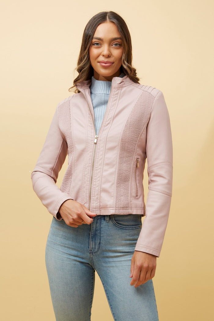 CAROLINE MORGAN_ZIP UP VEGAN LEATHER JACKET WITH RIB PANELS PINK _ ZIP UP VEGAN LEATHER JACKET WITH RIB PANELS PINK _ Ebony Boutique NZ