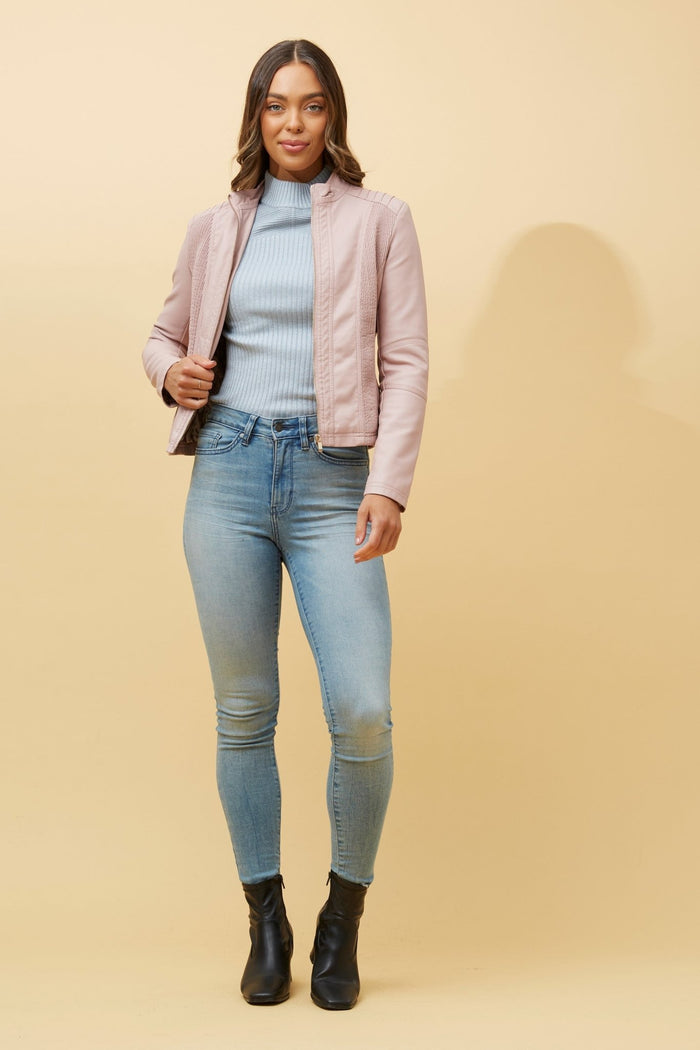 CAROLINE MORGAN_ZIP UP VEGAN LEATHER JACKET WITH RIB PANELS PINK _ ZIP UP VEGAN LEATHER JACKET WITH RIB PANELS PINK _ Ebony Boutique NZ