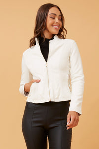 CAROLINE MORGAN_ZIP UP VEGAN LEATHER JACKET WITH RIB PANELS WHITE _ ZIP UP VEGAN LEATHER JACKET WITH RIB PANELS WHITE _ Ebony Boutique NZ