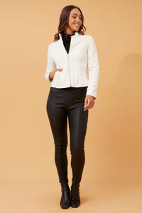 CAROLINE MORGAN_ZIP UP VEGAN LEATHER JACKET WITH RIB PANELS WHITE _ ZIP UP VEGAN LEATHER JACKET WITH RIB PANELS WHITE _ Ebony Boutique NZ
