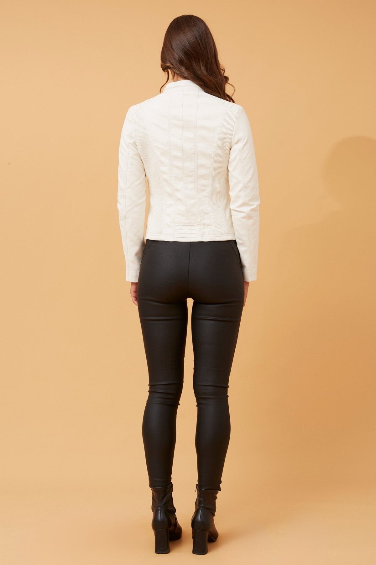 CAROLINE MORGAN_ZIP UP VEGAN LEATHER JACKET WITH RIB PANELS WHITE _ ZIP UP VEGAN LEATHER JACKET WITH RIB PANELS WHITE _ Ebony Boutique NZ