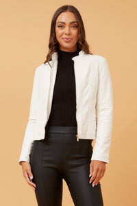 CAROLINE MORGAN_ZIP UP VEGAN LEATHER JACKET WITH RIB PANELS WHITE _ ZIP UP VEGAN LEATHER JACKET WITH RIB PANELS WHITE _ Ebony Boutique NZ