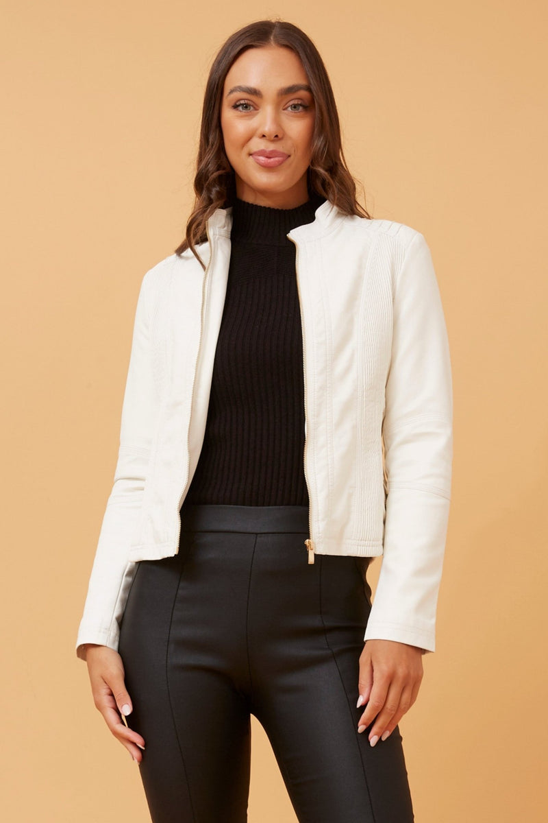 CAROLINE MORGAN_ZIP UP VEGAN LEATHER JACKET WITH RIB PANELS WHITE _ ZIP UP VEGAN LEATHER JACKET WITH RIB PANELS WHITE _ Ebony Boutique NZ