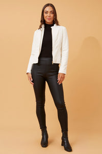 CAROLINE MORGAN_ZIP UP VEGAN LEATHER JACKET WITH RIB PANELS WHITE _ ZIP UP VEGAN LEATHER JACKET WITH RIB PANELS WHITE _ Ebony Boutique NZ