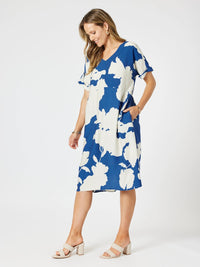 CLARITY_BARCELONA PRINT DRESS BLUE/NATURAL _ BARCELONA PRINT DRESS BLUE/NATURAL _ Ebony Boutique NZ