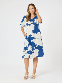 CLARITY_BARCELONA PRINT DRESS BLUE/NATURAL _ BARCELONA PRINT DRESS BLUE/NATURAL _ Ebony Boutique NZ