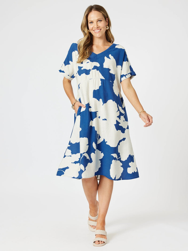 CLARITY_BARCELONA PRINT DRESS BLUE/NATURAL _ BARCELONA PRINT DRESS BLUE/NATURAL _ Ebony Boutique NZ