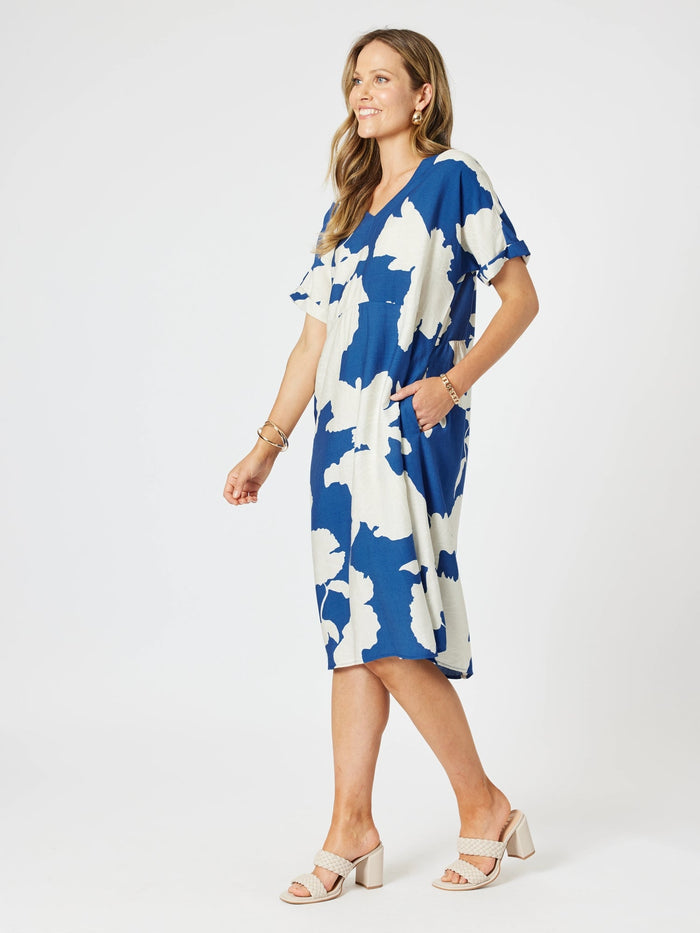 CLARITY_BARCELONA PRINT DRESS BLUE/NATURAL _ BARCELONA PRINT DRESS BLUE/NATURAL _ Ebony Boutique NZ