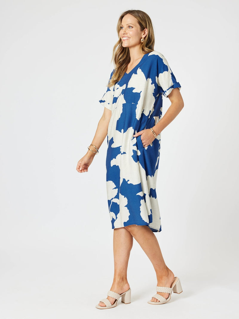 CLARITY_BARCELONA PRINT DRESS BLUE/NATURAL _ BARCELONA PRINT DRESS BLUE/NATURAL _ Ebony Boutique NZ