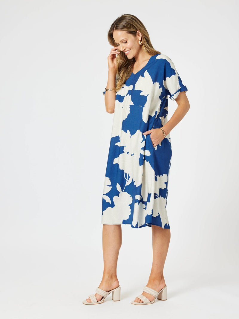 CLARITY_BARCELONA PRINT DRESS BLUE/NATURAL _ BARCELONA PRINT DRESS BLUE/NATURAL _ Ebony Boutique NZ