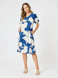 CLARITY_BARCELONA PRINT DRESS BLUE/NATURAL _ BARCELONA PRINT DRESS BLUE/NATURAL _ Ebony Boutique NZ