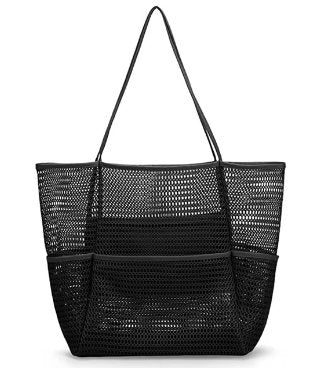 DUNE ROAD_BEACH BAG MESH WITH POCKETS BLACK _ BEACH BAG MESH WITH POCKETS BLACK _ Ebony Boutique NZ