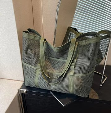 DUNE ROAD_BEACH BAG MESH WITH POCKETS KHAKI _ BEACH BAG MESH WITH POCKETS KHAKI _ Ebony Boutique NZ