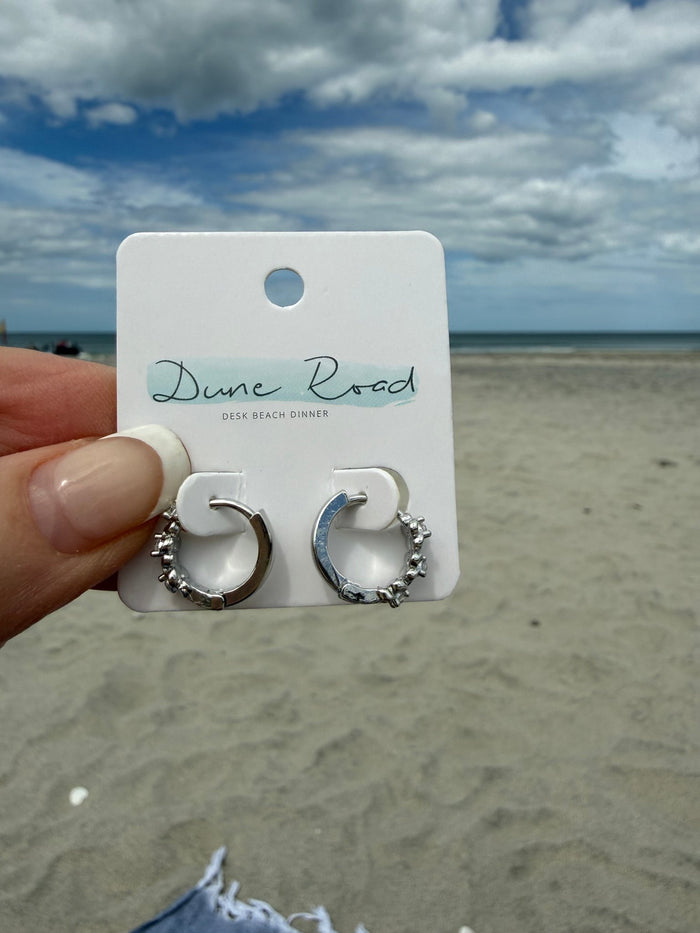 DUNE ROAD_CRYSTAL STERLING SILVER FLOWER MINI HOOP EARRINGS _ CRYSTAL STERLING SILVER FLOWER MINI HOOP EARRINGS _ Ebony Boutique NZ