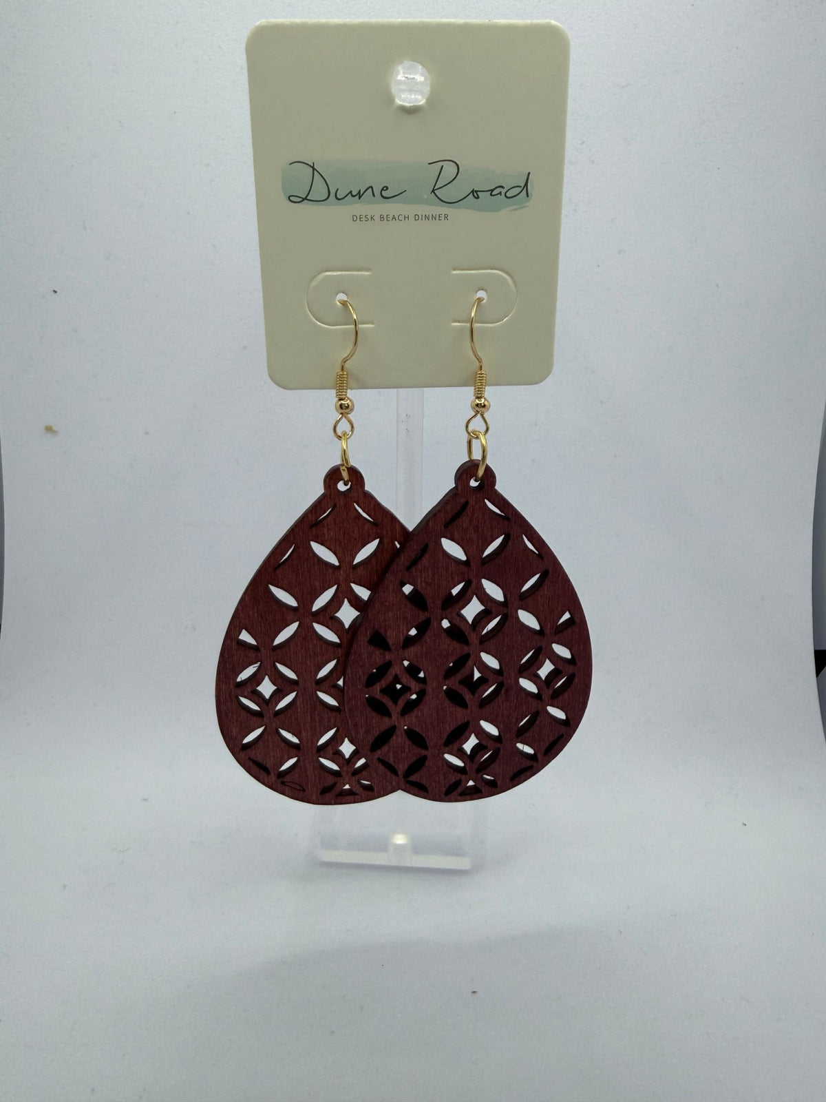 DUNE ROAD_DECO WOODEN CARVED EARRINGS BURGUNDY _ DECO WOODEN CARVED EARRINGS BURGUNDY _ Ebony Boutique NZ