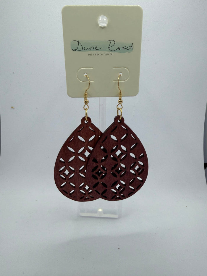 DUNE ROAD_DECO WOODEN CARVED EARRINGS BURGUNDY _ DECO WOODEN CARVED EARRINGS BURGUNDY _ Ebony Boutique NZ