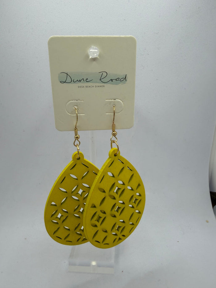 DUNE ROAD_DECO WOODEN CARVED EARRINGS YELLOW _ DECO WOODEN CARVED EARRINGS YELLOW _ Ebony Boutique NZ