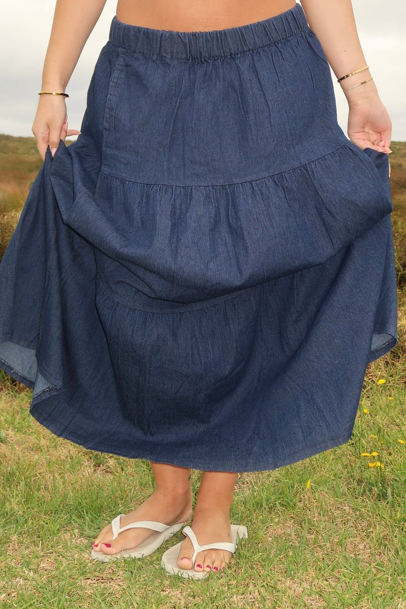 DUNE ROAD_DUNE ROAD DENIM TIERED MAXI SKIRT _ DUNE ROAD DENIM TIERED MAXI SKIRT _ Ebony Boutique NZ