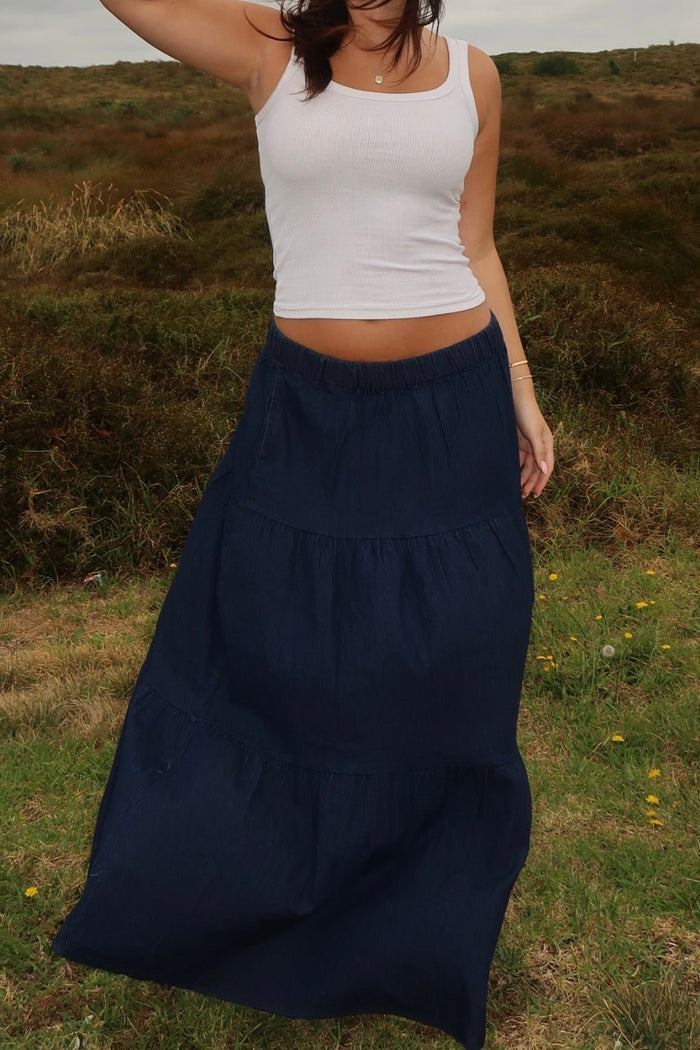 DUNE ROAD_DUNE ROAD DENIM TIERED MAXI SKIRT _ DUNE ROAD DENIM TIERED MAXI SKIRT _ Ebony Boutique NZ