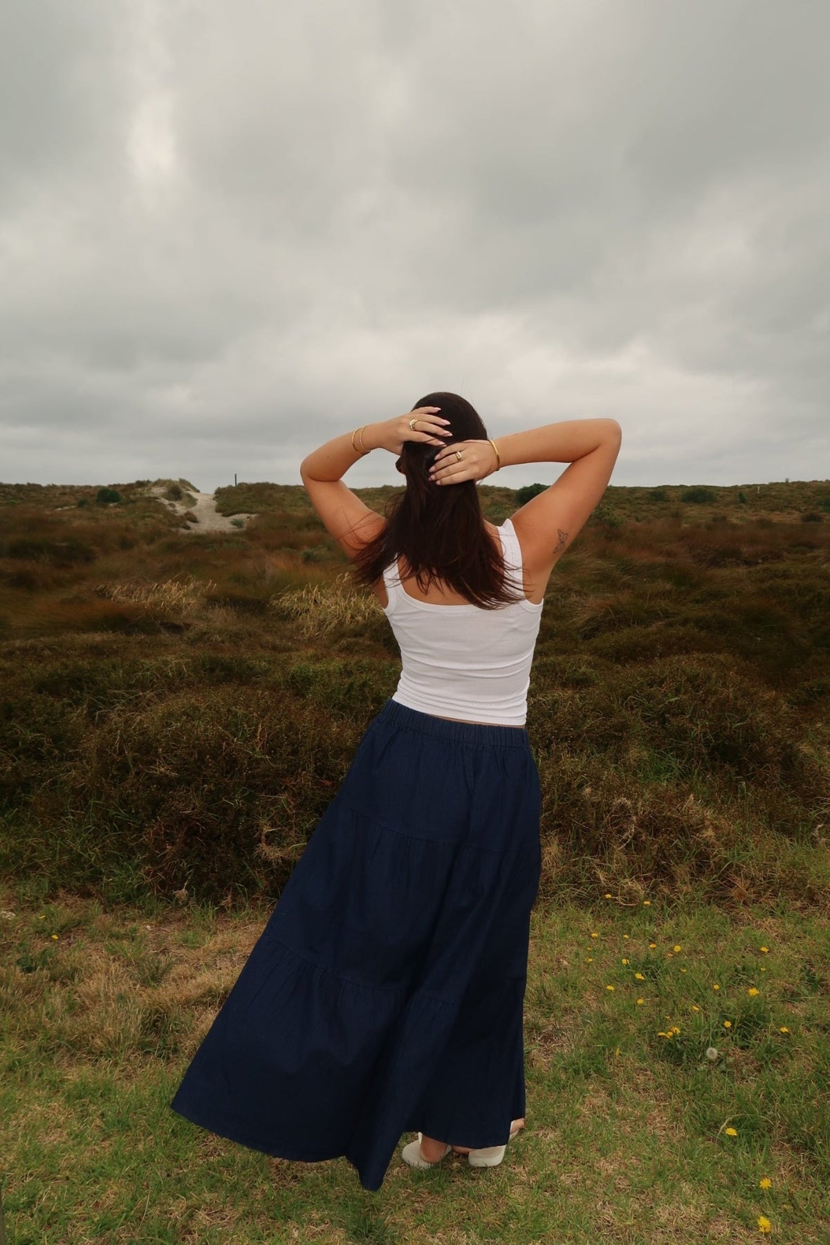 DUNE ROAD_DUNE ROAD DENIM TIERED MAXI SKIRT _ DUNE ROAD DENIM TIERED MAXI SKIRT _ Ebony Boutique NZ