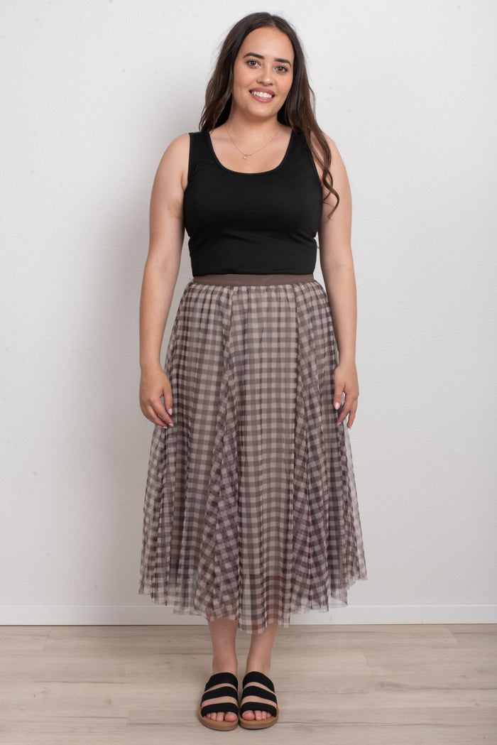 FAIRYTALE 3 LAYER TULLE MESH SKIRT CHECK CHOCOLATE_by_DUNE ROAD_women's_in_New Zealand_ FAIRYTALE 3 LAYER TULLE MESH SKIRT CHECK CHOCOLATE _