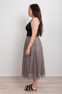 FAIRYTALE 3 LAYER TULLE MESH SKIRT CHECK CHOCOLATE_by_DUNE ROAD_women's_in_New Zealand_ FAIRYTALE 3 LAYER TULLE MESH SKIRT CHECK CHOCOLATE _