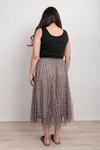 FAIRYTALE 3 LAYER TULLE MESH SKIRT CHECK CHOCOLATE_by_DUNE ROAD_women's_in_New Zealand_ FAIRYTALE 3 LAYER TULLE MESH SKIRT CHECK CHOCOLATE _