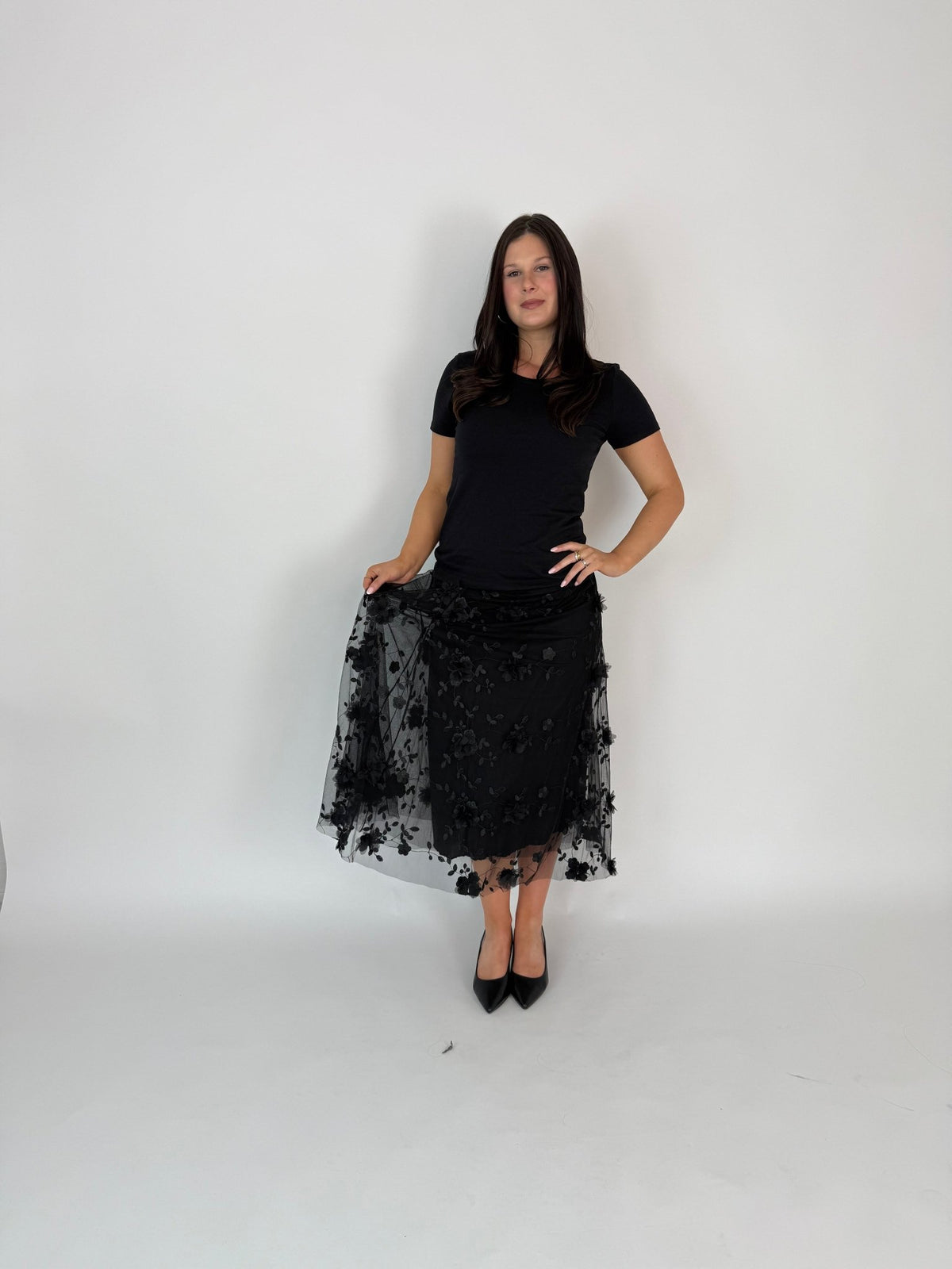 DUNE ROAD_FAIRYTALE FLORAL TULLE MESH SKIRT BLACK _ FAIRYTALE FLORAL TULLE MESH SKIRT BLACK _ Ebony Boutique NZ