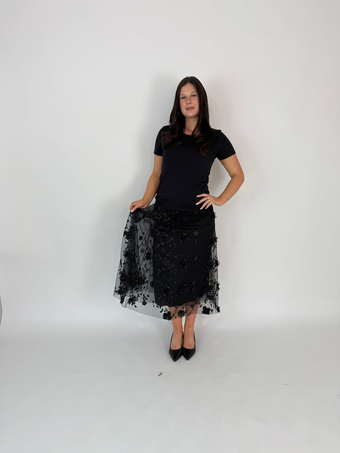 DUNE ROAD_FAIRYTALE FLORAL TULLE MESH SKIRT BLACK _ FAIRYTALE FLORAL TULLE MESH SKIRT BLACK _ Ebony Boutique NZ