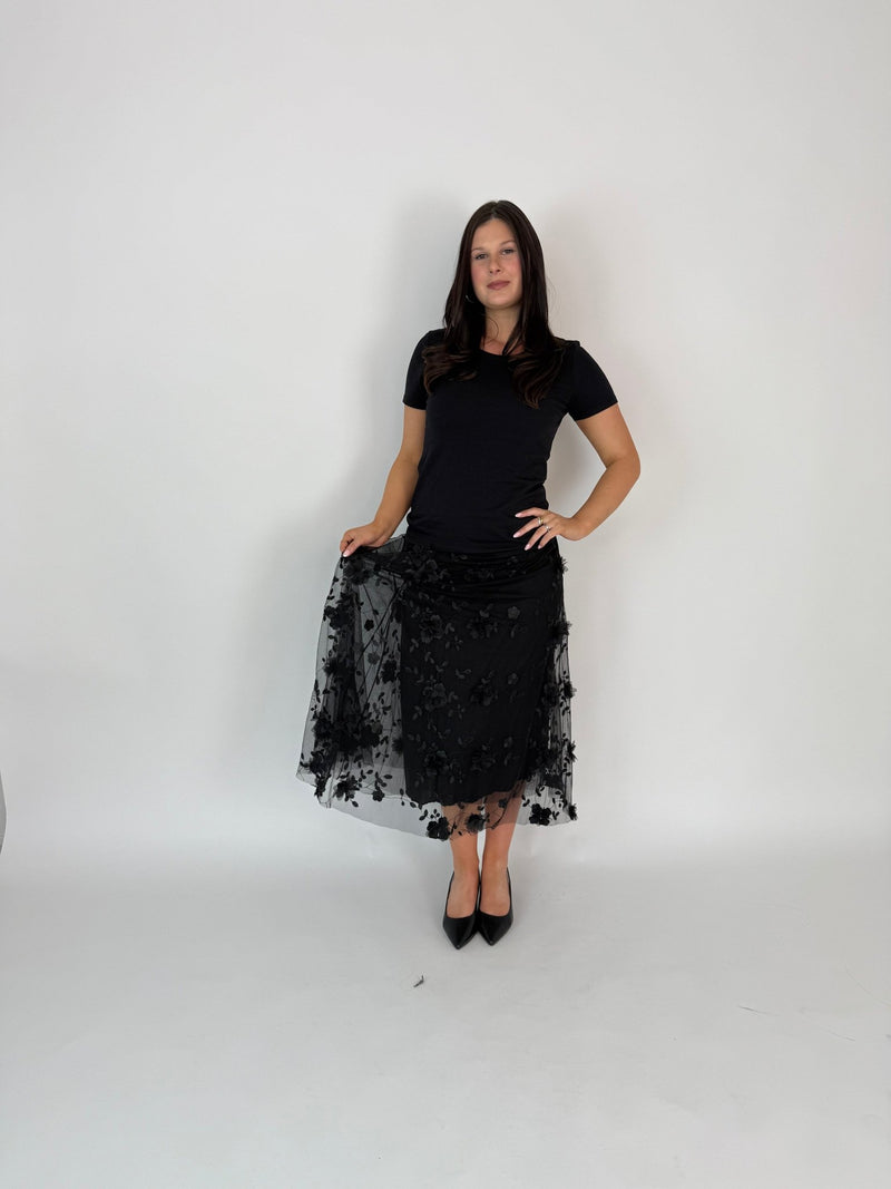 DUNE ROAD_FAIRYTALE FLORAL TULLE MESH SKIRT BLACK _ FAIRYTALE FLORAL TULLE MESH SKIRT BLACK _ Ebony Boutique NZ
