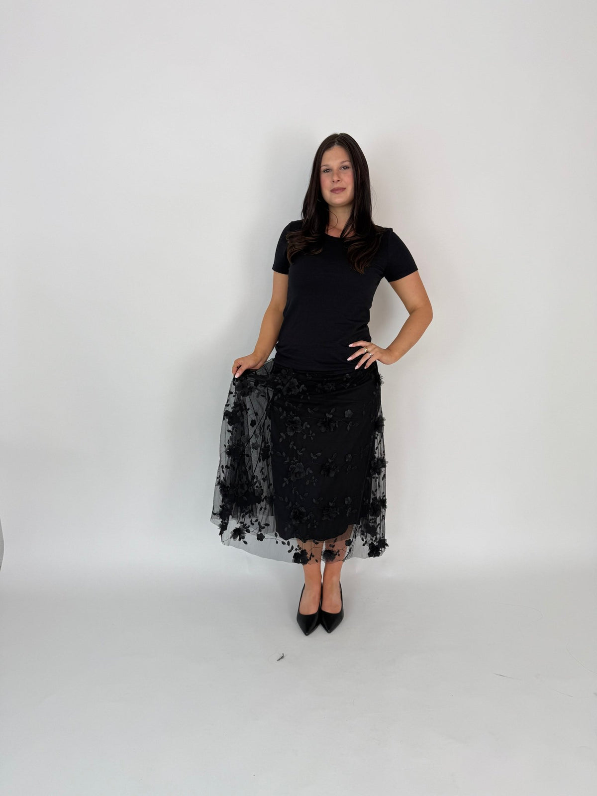 DUNE ROAD_FAIRYTALE FLORAL TULLE MESH SKIRT BLACK _ FAIRYTALE FLORAL TULLE MESH SKIRT BLACK _ Ebony Boutique NZ
