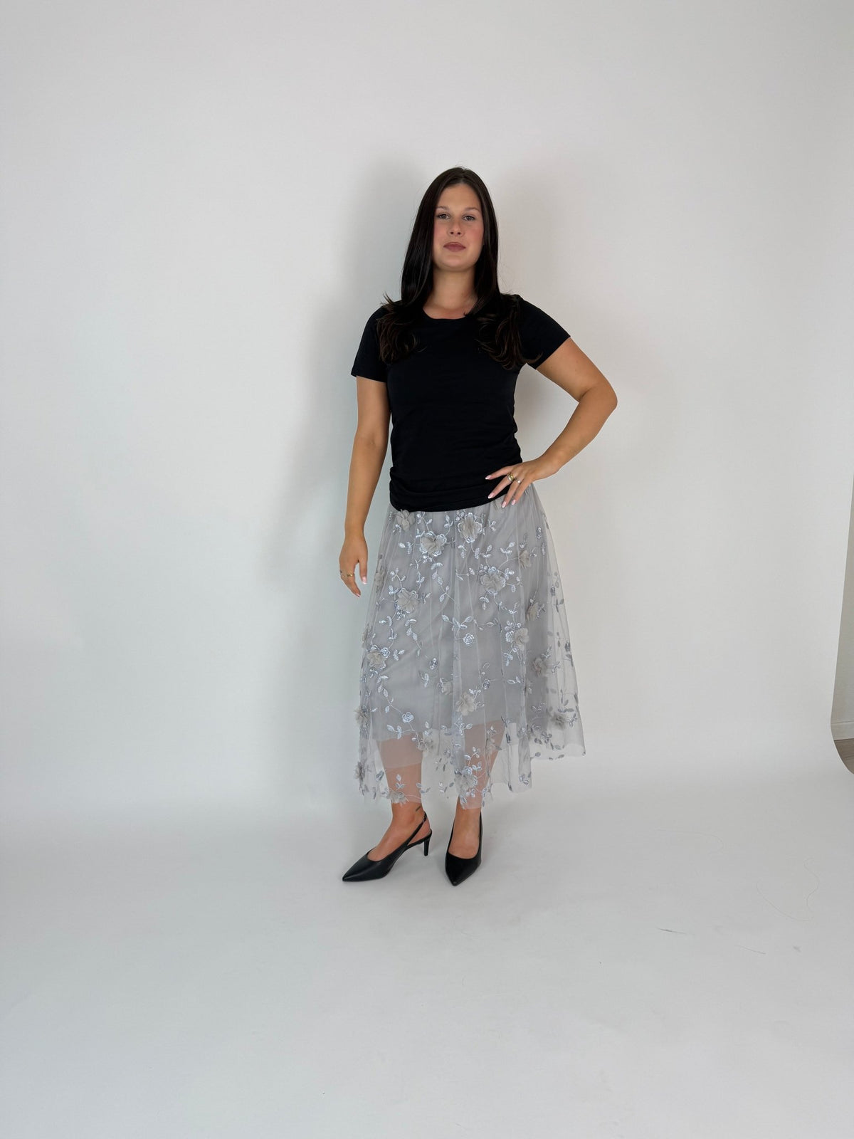DUNE ROAD_FAIRYTALE FLORAL TULLE MESH SKIRT GREY _ FAIRYTALE FLORAL TULLE MESH SKIRT GREY _ Ebony Boutique NZ