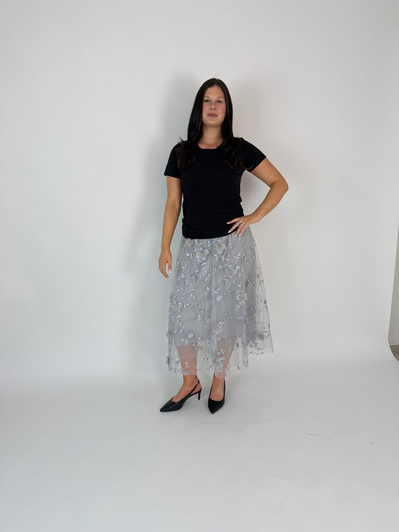DUNE ROAD_FAIRYTALE FLORAL TULLE MESH SKIRT GREY _ FAIRYTALE FLORAL TULLE MESH SKIRT GREY _ Ebony Boutique NZ