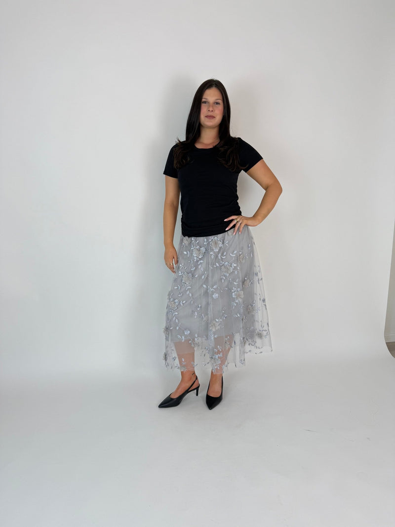 DUNE ROAD_FAIRYTALE FLORAL TULLE MESH SKIRT GREY _ FAIRYTALE FLORAL TULLE MESH SKIRT GREY _ Ebony Boutique NZ