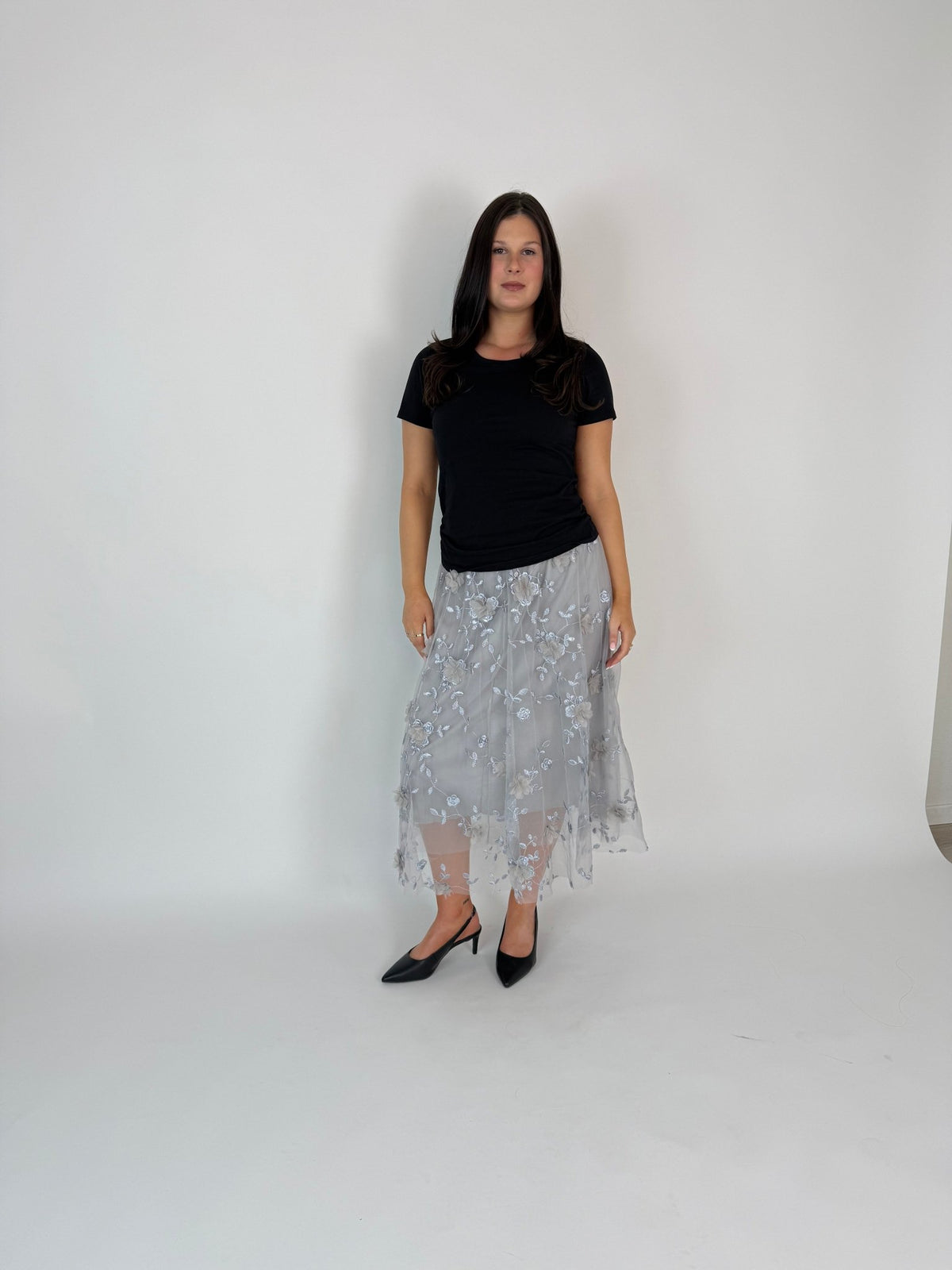 DUNE ROAD_FAIRYTALE FLORAL TULLE MESH SKIRT GREY _ FAIRYTALE FLORAL TULLE MESH SKIRT GREY _ Ebony Boutique NZ