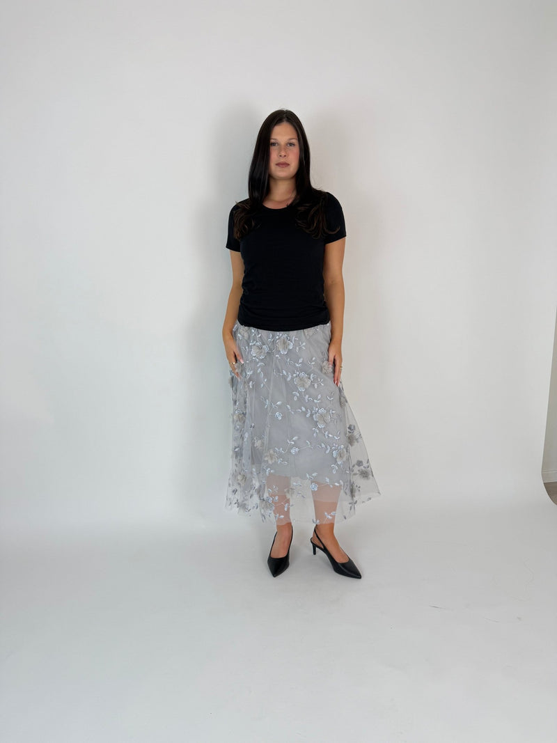 DUNE ROAD_FAIRYTALE FLORAL TULLE MESH SKIRT GREY _ FAIRYTALE FLORAL TULLE MESH SKIRT GREY _ Ebony Boutique NZ