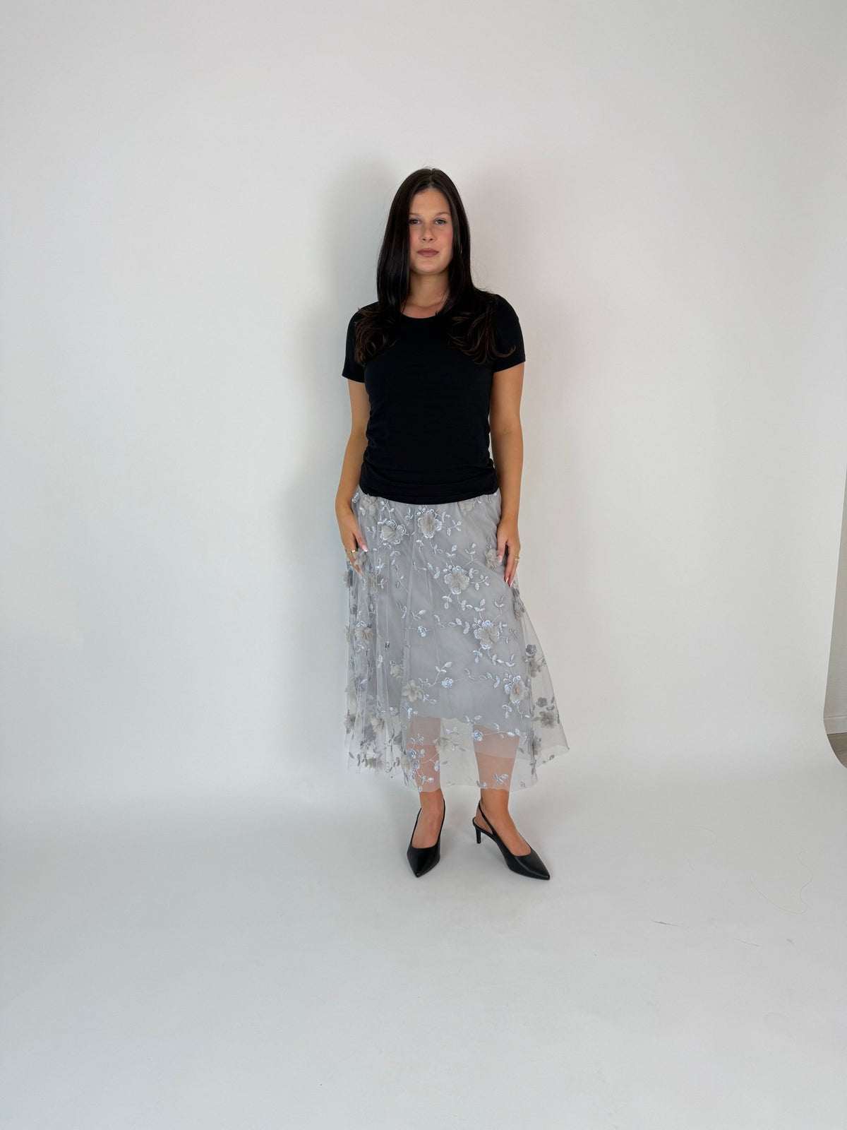 DUNE ROAD_FAIRYTALE FLORAL TULLE MESH SKIRT GREY _ FAIRYTALE FLORAL TULLE MESH SKIRT GREY _ Ebony Boutique NZ
