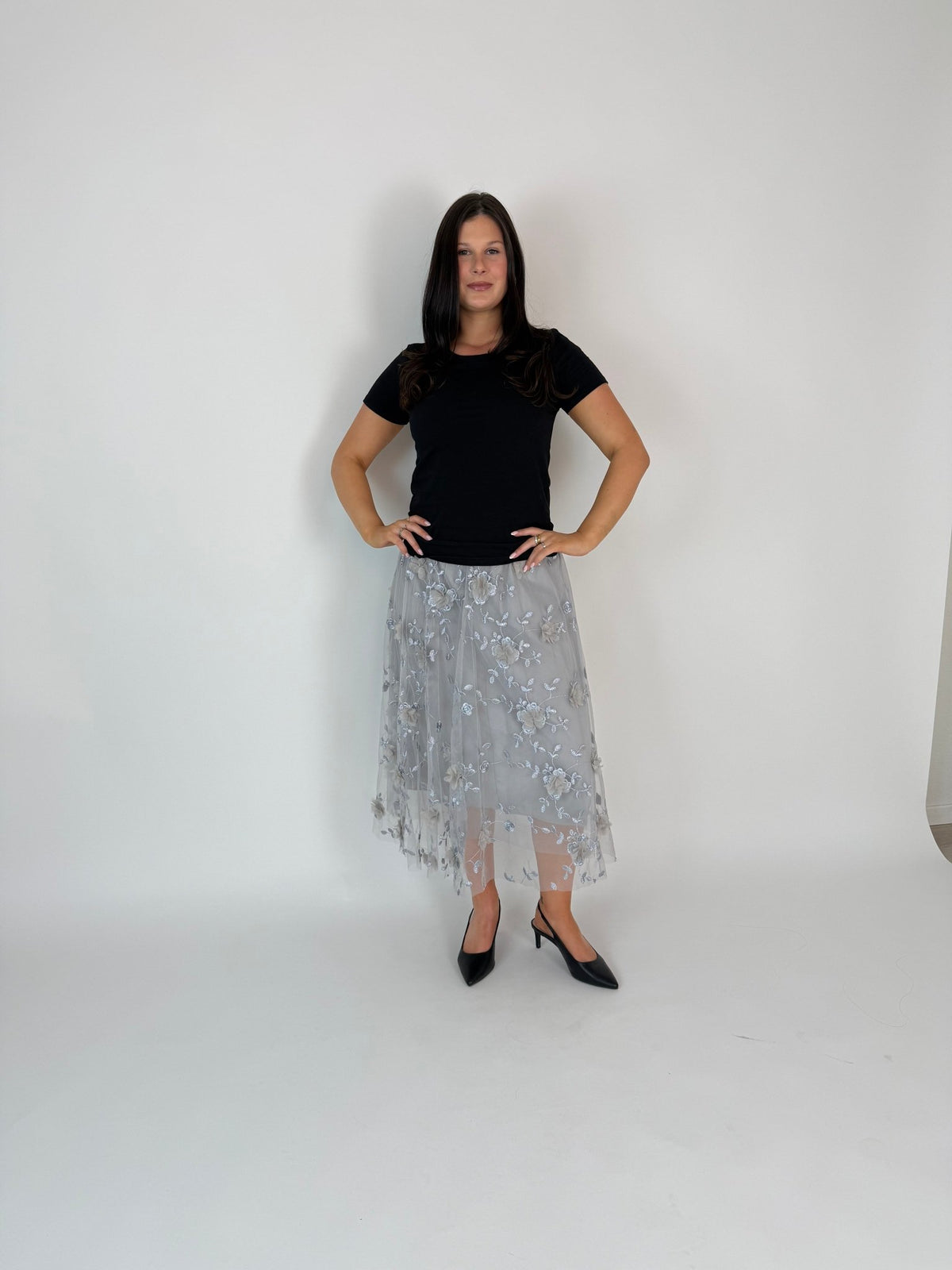 DUNE ROAD_FAIRYTALE FLORAL TULLE MESH SKIRT GREY _ FAIRYTALE FLORAL TULLE MESH SKIRT GREY _ Ebony Boutique NZ
