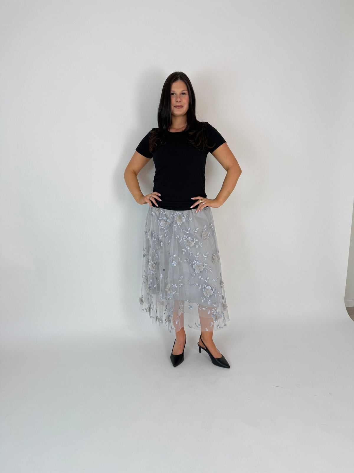 DUNE ROAD_FAIRYTALE FLORAL TULLE MESH SKIRT GREY _ FAIRYTALE FLORAL TULLE MESH SKIRT GREY _ Ebony Boutique NZ