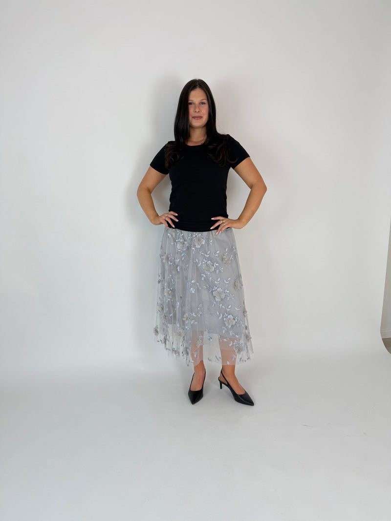 DUNE ROAD_FAIRYTALE FLORAL TULLE MESH SKIRT GREY _ FAIRYTALE FLORAL TULLE MESH SKIRT GREY _ Ebony Boutique NZ