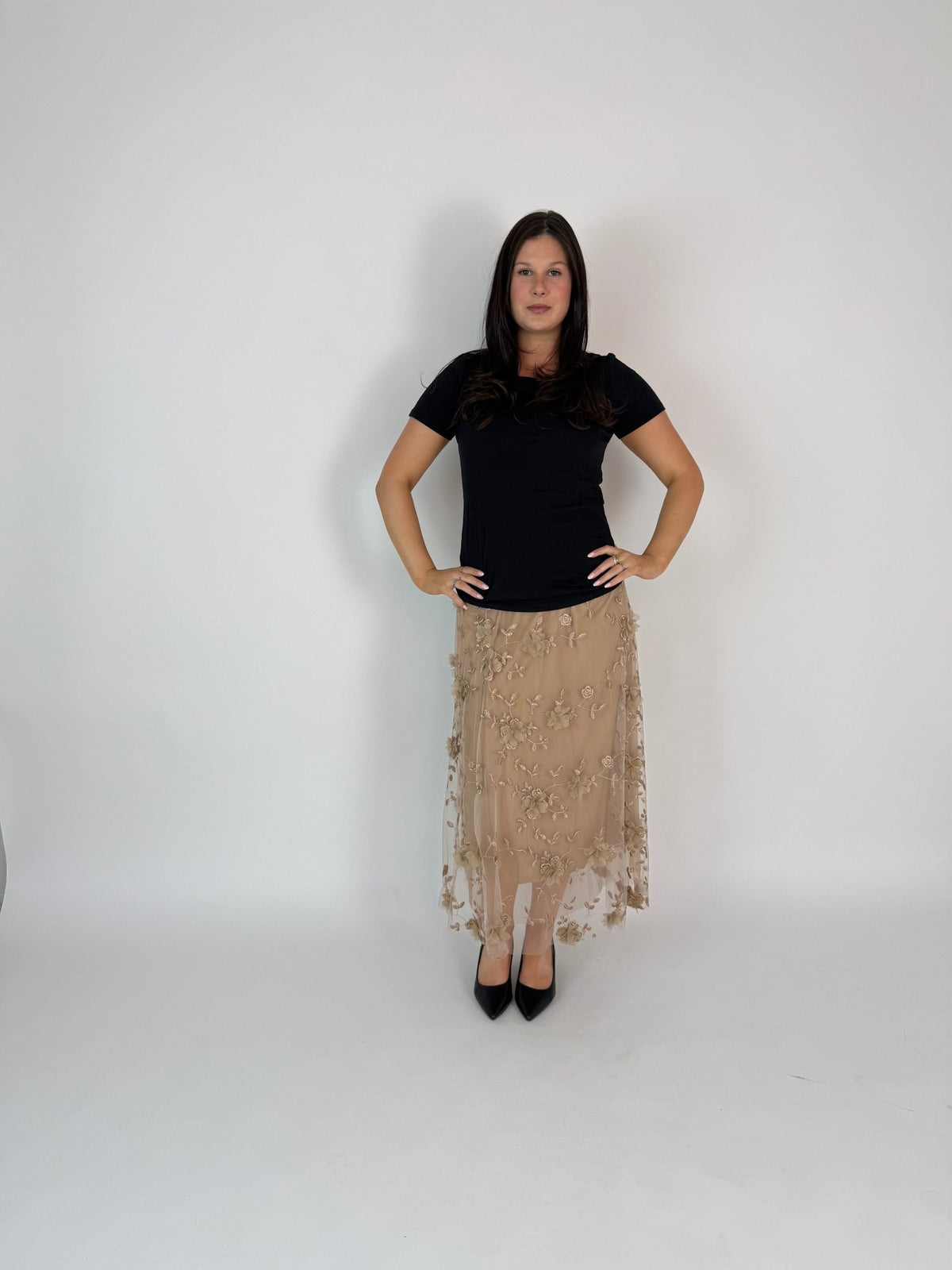 DUNE ROAD_FAIRYTALE FLORAL TULLE MESH SKIRT LATTE _ FAIRYTALE FLORAL TULLE MESH SKIRT LATTE _ Ebony Boutique NZ