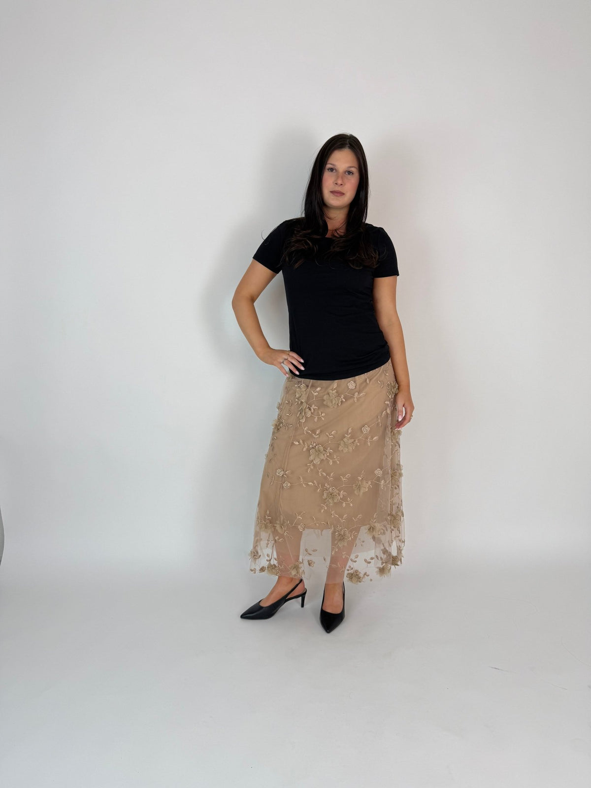 DUNE ROAD_FAIRYTALE FLORAL TULLE MESH SKIRT LATTE _ FAIRYTALE FLORAL TULLE MESH SKIRT LATTE _ Ebony Boutique NZ