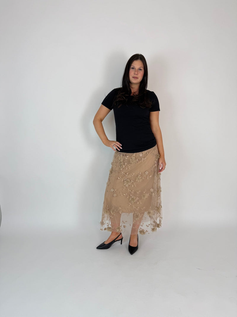 DUNE ROAD_FAIRYTALE FLORAL TULLE MESH SKIRT LATTE _ FAIRYTALE FLORAL TULLE MESH SKIRT LATTE _ Ebony Boutique NZ