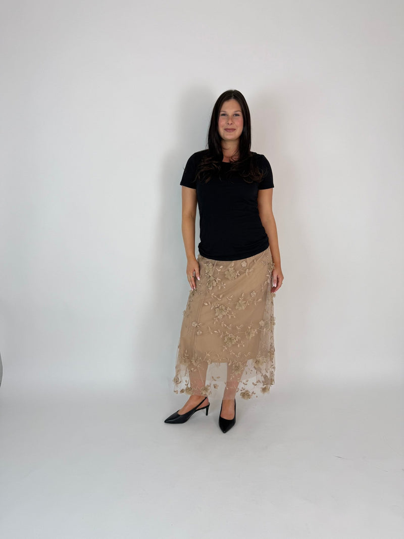 DUNE ROAD_FAIRYTALE FLORAL TULLE MESH SKIRT LATTE _ FAIRYTALE FLORAL TULLE MESH SKIRT LATTE _ Ebony Boutique NZ