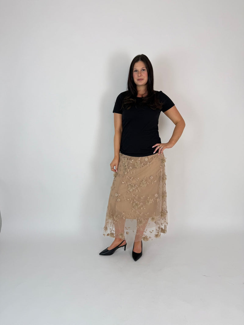 DUNE ROAD_FAIRYTALE FLORAL TULLE MESH SKIRT LATTE _ FAIRYTALE FLORAL TULLE MESH SKIRT LATTE _ Ebony Boutique NZ