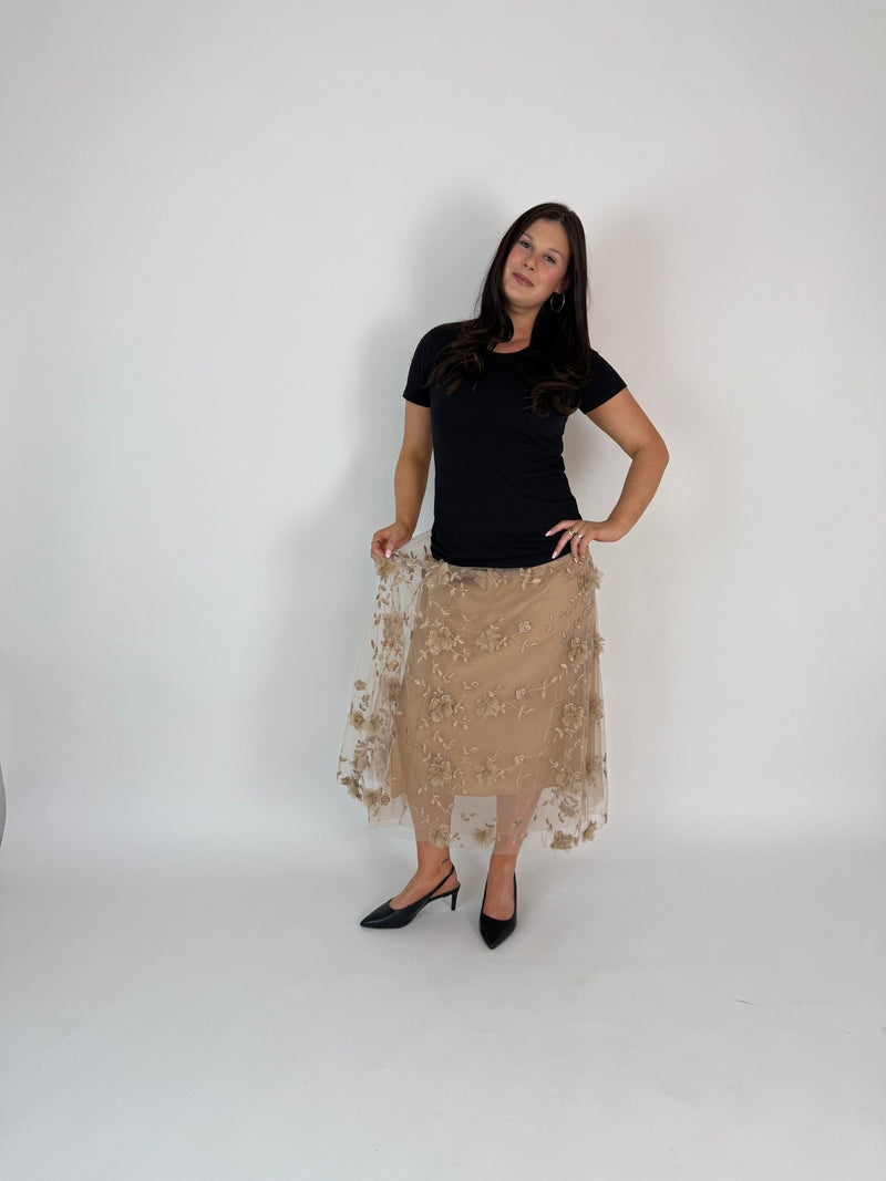 DUNE ROAD_FAIRYTALE FLORAL TULLE MESH SKIRT LATTE _ FAIRYTALE FLORAL TULLE MESH SKIRT LATTE _ Ebony Boutique NZ