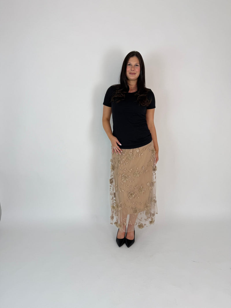 DUNE ROAD_FAIRYTALE FLORAL TULLE MESH SKIRT LATTE _ FAIRYTALE FLORAL TULLE MESH SKIRT LATTE _ Ebony Boutique NZ