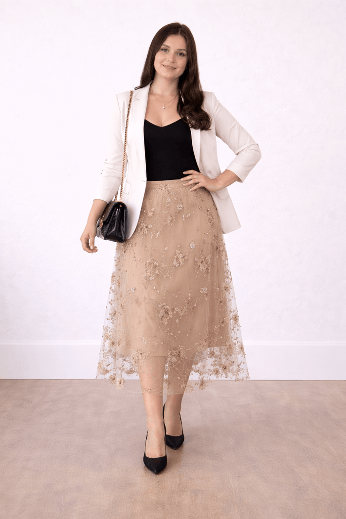 FAIRYTALE FLORAL TULLE MESH SKIRT LATTE_by_DUNE ROAD_women's_in_New Zealand_ FAIRYTALE FLORAL TULLE MESH SKIRT LATTE _