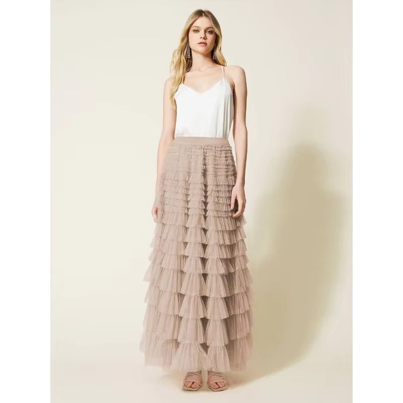 DUNE ROAD_FAIRYTALE TIERED RUFFLE TULLE MESH SKIRT BEIGE _ FAIRYTALE TIERED RUFFLE TULLE MESH SKIRT BEIGE _ Ebony Boutique NZ