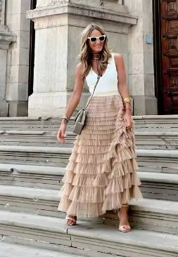 DUNE ROAD_FAIRYTALE TIERED RUFFLE TULLE MESH SKIRT BEIGE _ FAIRYTALE TIERED RUFFLE TULLE MESH SKIRT BEIGE _ Ebony Boutique NZ